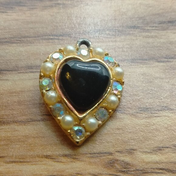 Black Heart Whimsygoth Pendant Faux Pearls  Rhinestones - Picture 1 of 4